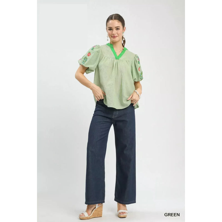 Umgee Embroidered Puff Sleeve Top Apparel and Accessories