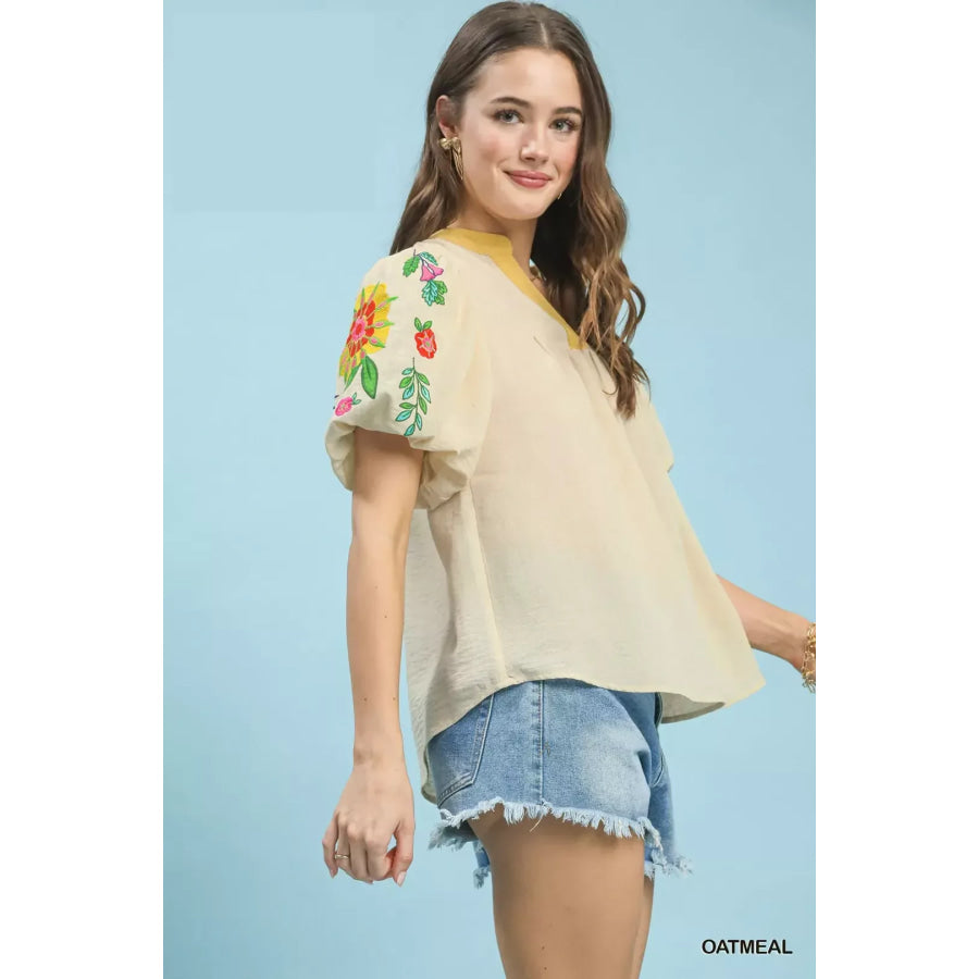Umgee Embroidered Puff Sleeve Top Apparel and Accessories