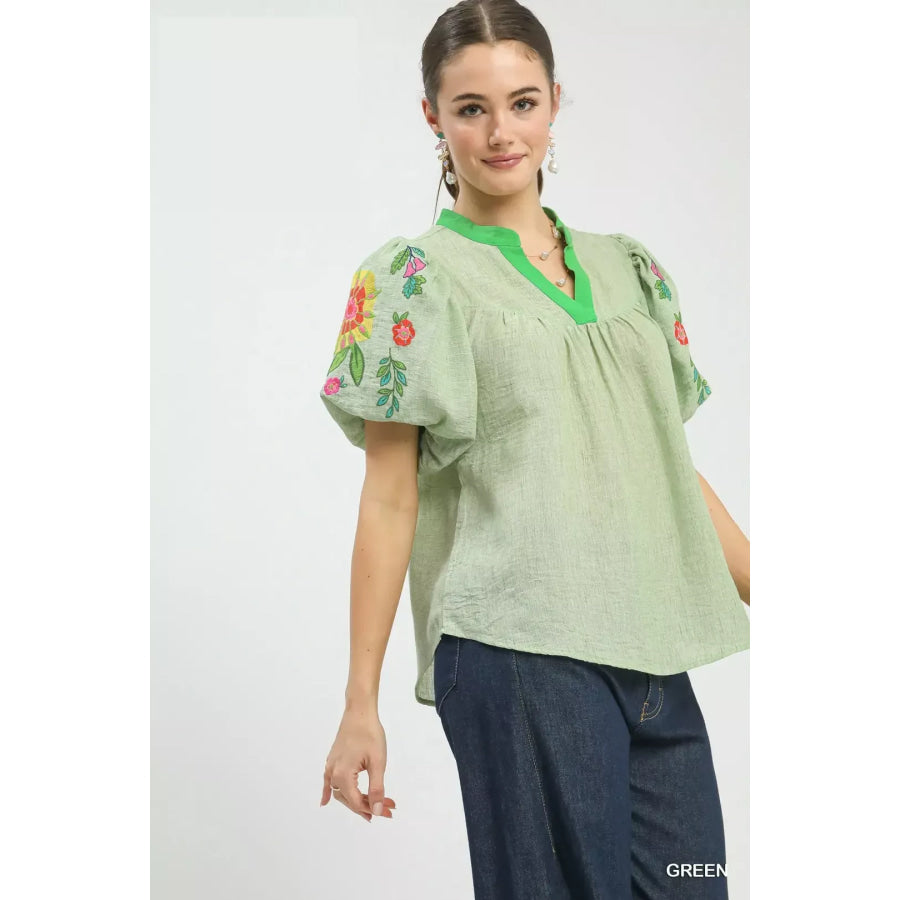 Umgee Embroidered Puff Sleeve Top GREEN / S Apparel and Accessories
