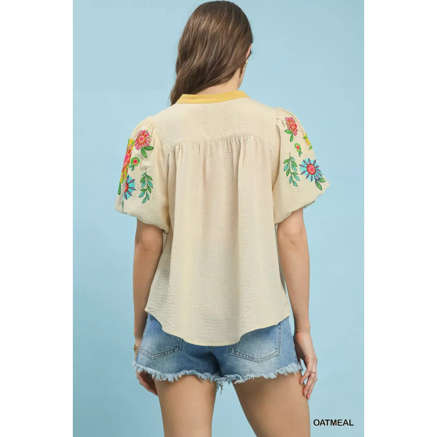 Umgee Embroidered Puff Sleeve Top Apparel and Accessories