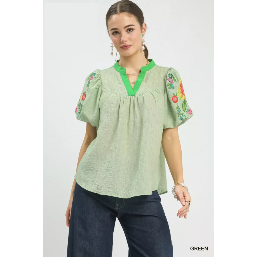 Umgee Embroidered Puff Sleeve Top GREEN / S Apparel and Accessories