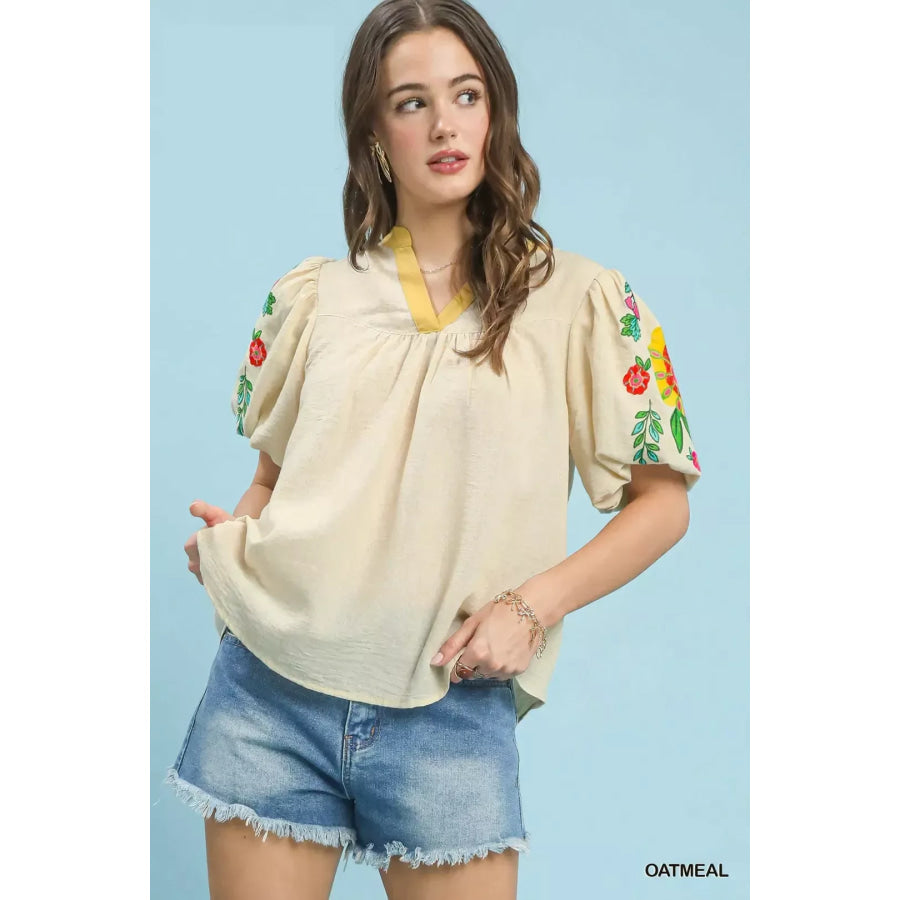 Umgee Embroidered Puff Sleeve Top OATMEAL / S Apparel and Accessories