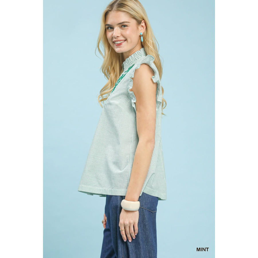 Umgee Embroidered Ruffle Sleeve Popover Top MINT / S Apparel and Accessories