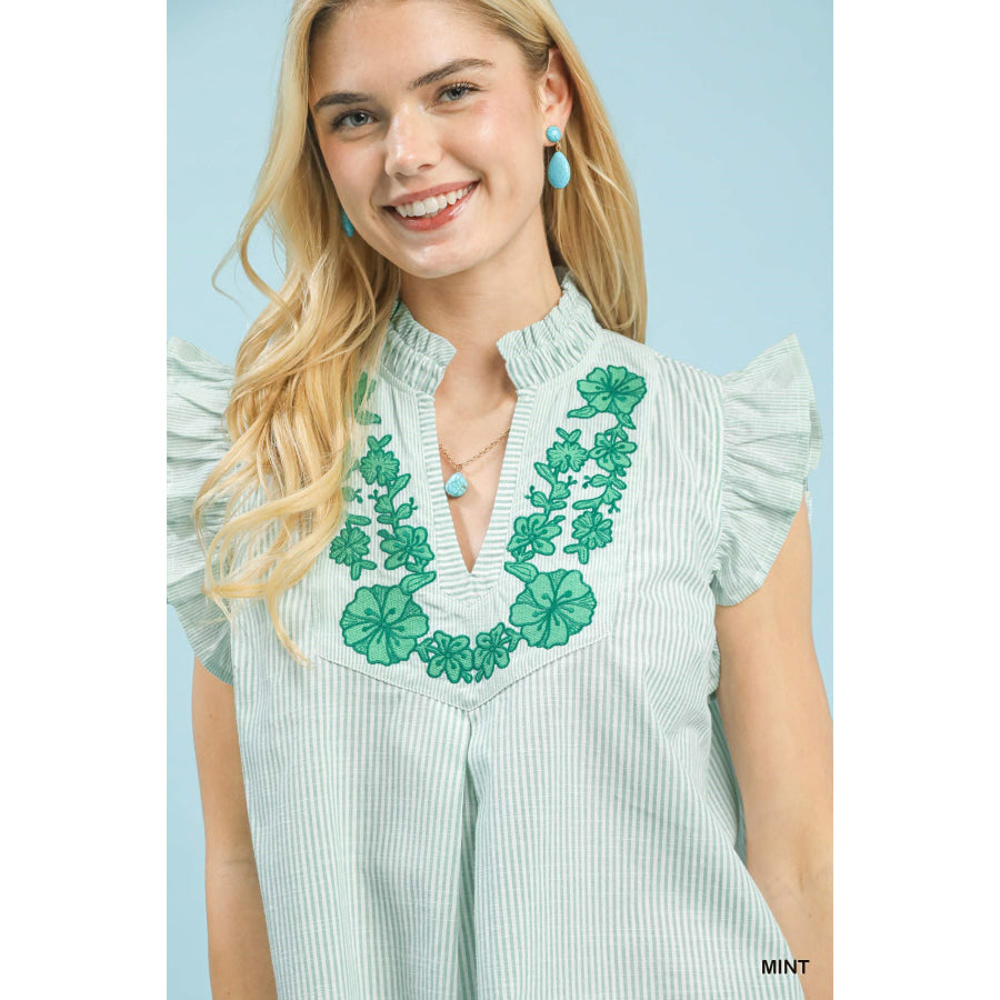 Umgee Embroidered Ruffle Sleeve Popover Top Apparel and Accessories