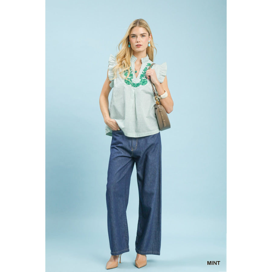 Umgee Embroidered Ruffle Sleeve Popover Top Apparel and Accessories