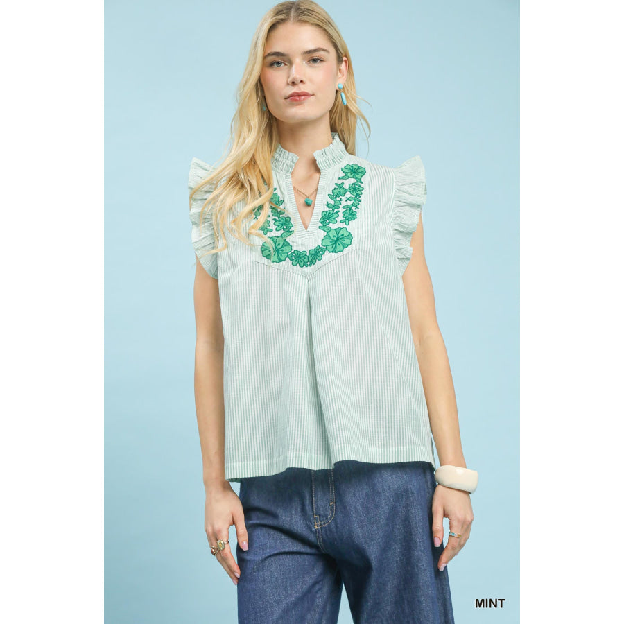 Umgee Embroidered Ruffle Sleeve Popover Top MINT / S Apparel and Accessories