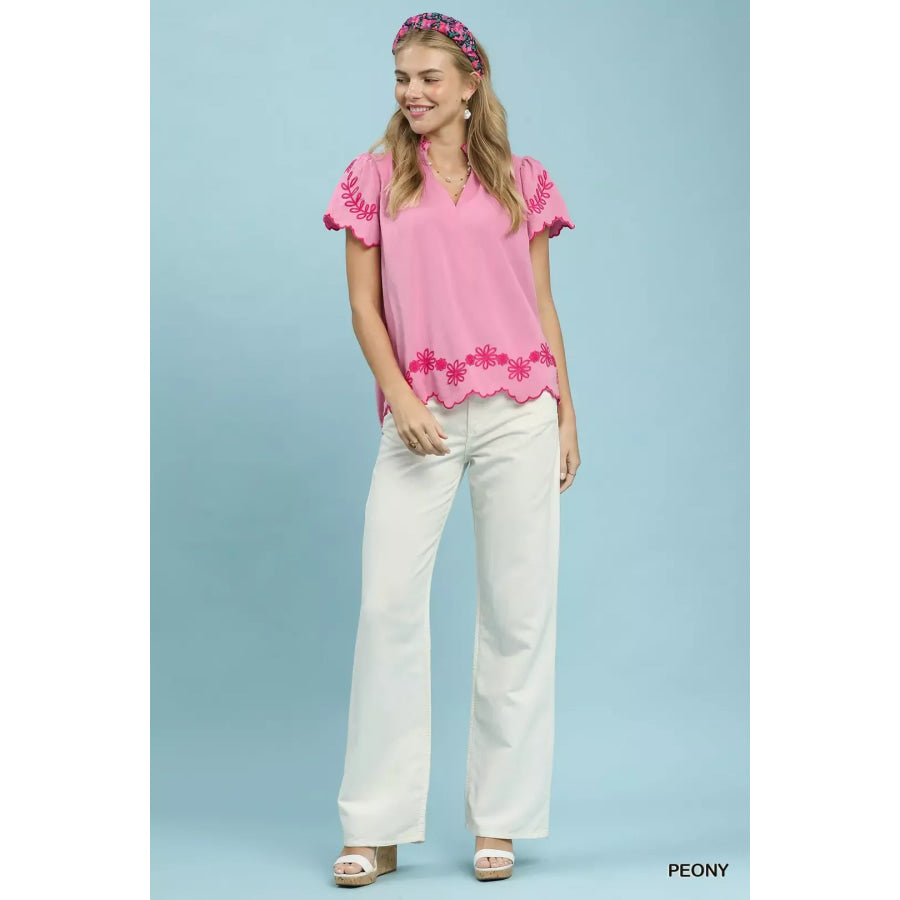 Umgee Embroidered Scallop Top Apparel and Accessories