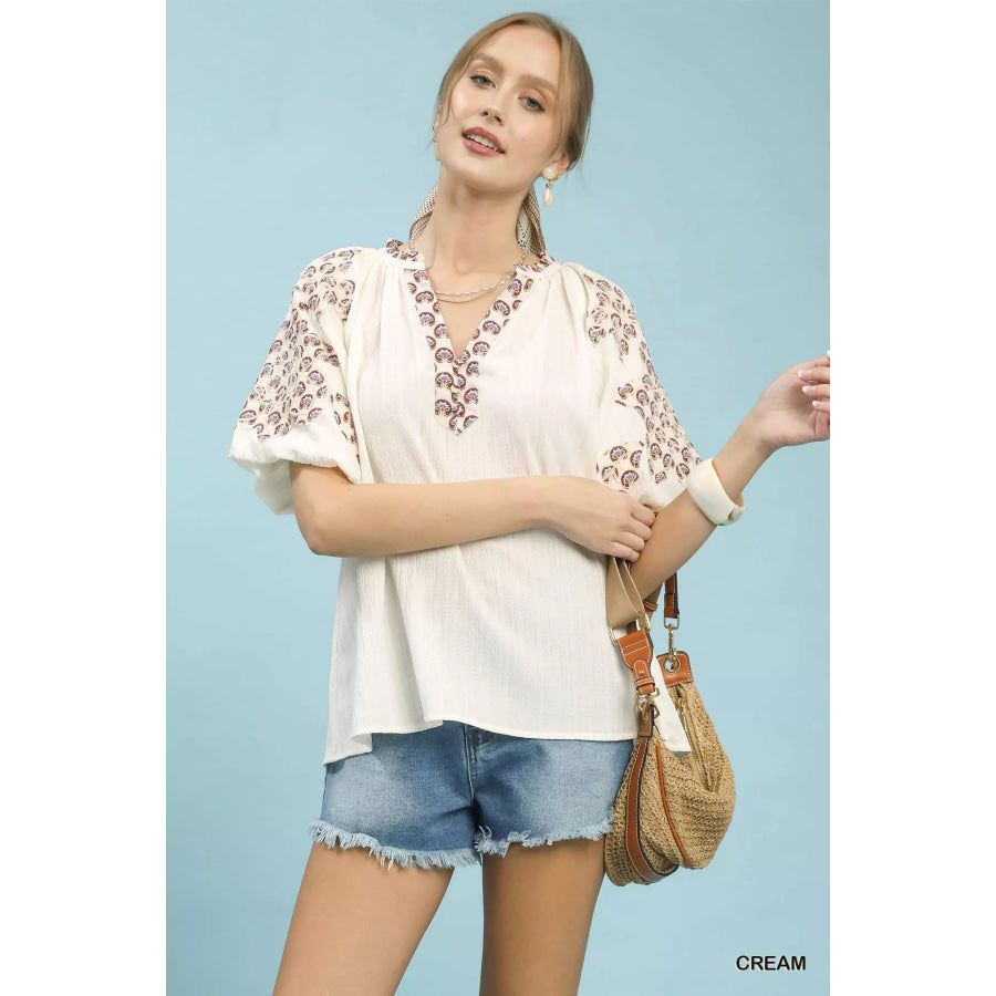 Umgee Embroidered Sleeve Contrast Trim Top CREAM / S Apparel and Accessories