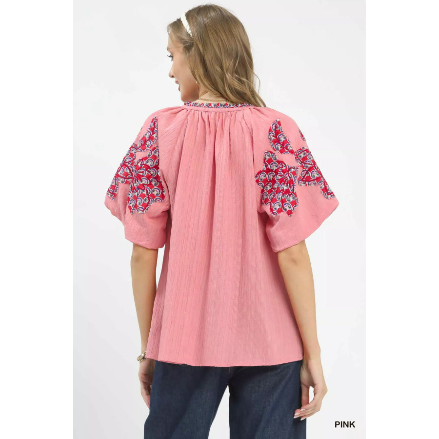Umgee Embroidered Sleeve Contrast Trim Top Apparel and Accessories
