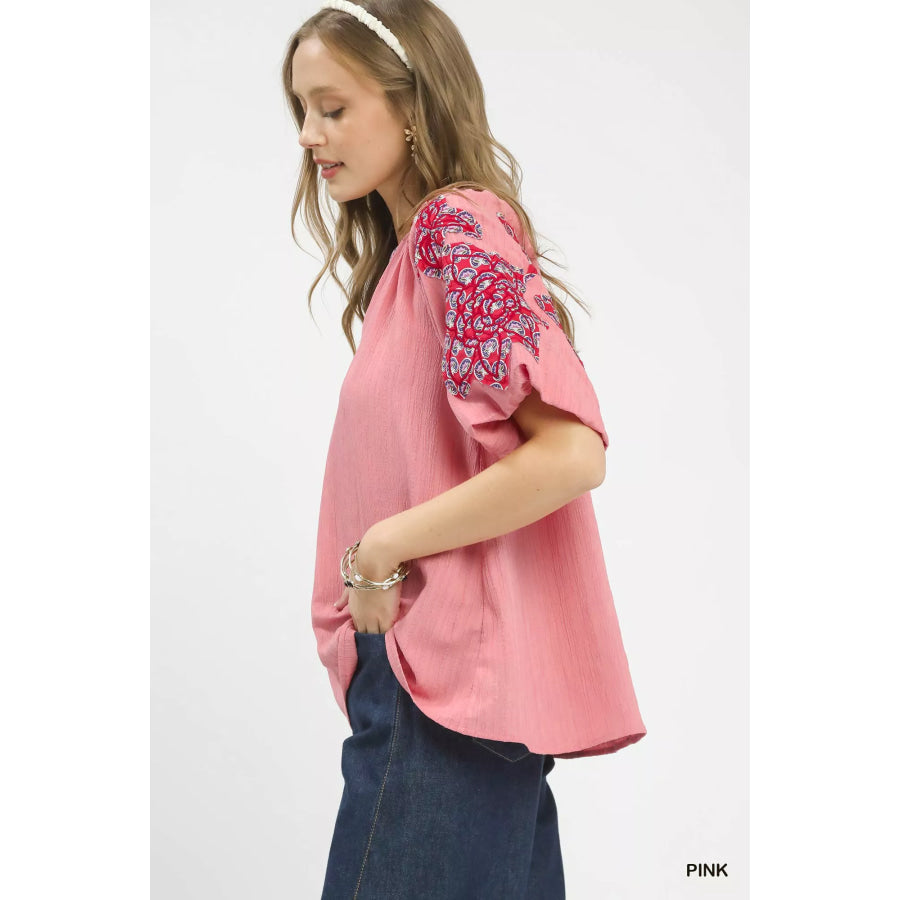 Umgee Embroidered Sleeve Contrast Trim Top Apparel and Accessories