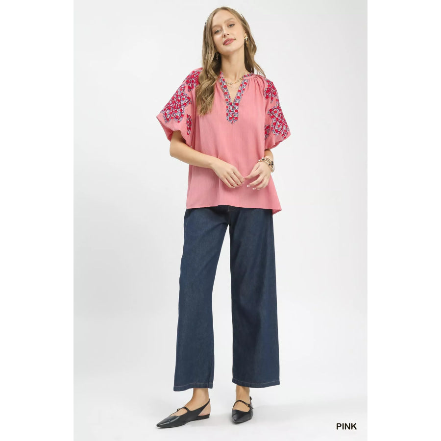Umgee Embroidered Sleeve Contrast Trim Top Apparel and Accessories