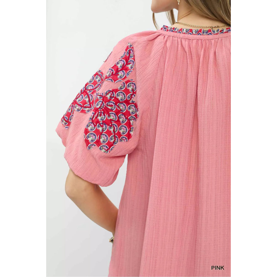 Umgee Embroidered Sleeve Contrast Trim Top Apparel and Accessories