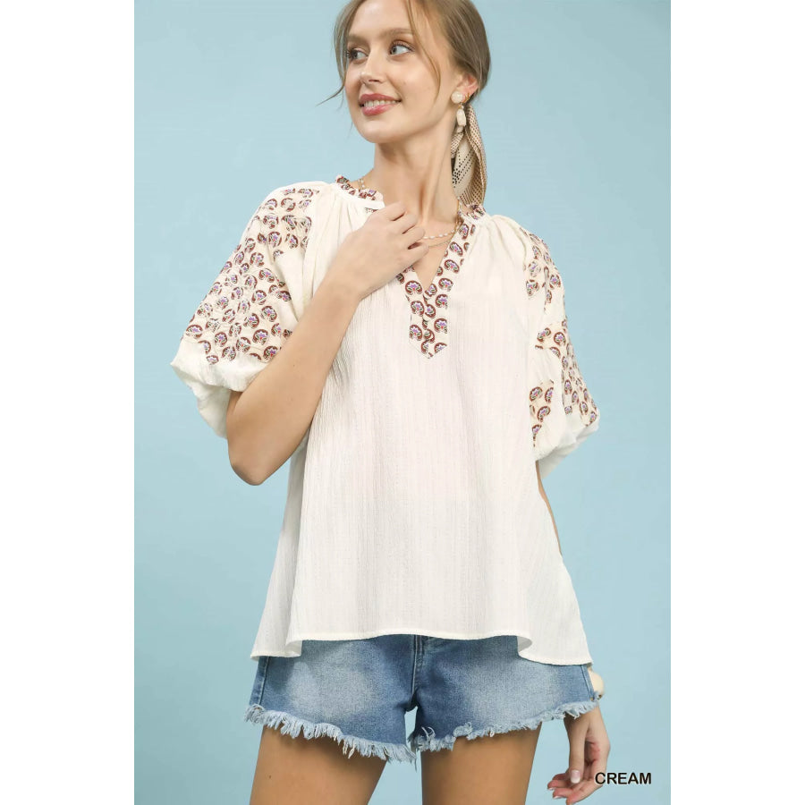 Umgee Embroidered Sleeve Contrast Trim Top CREAM / S Apparel and Accessories
