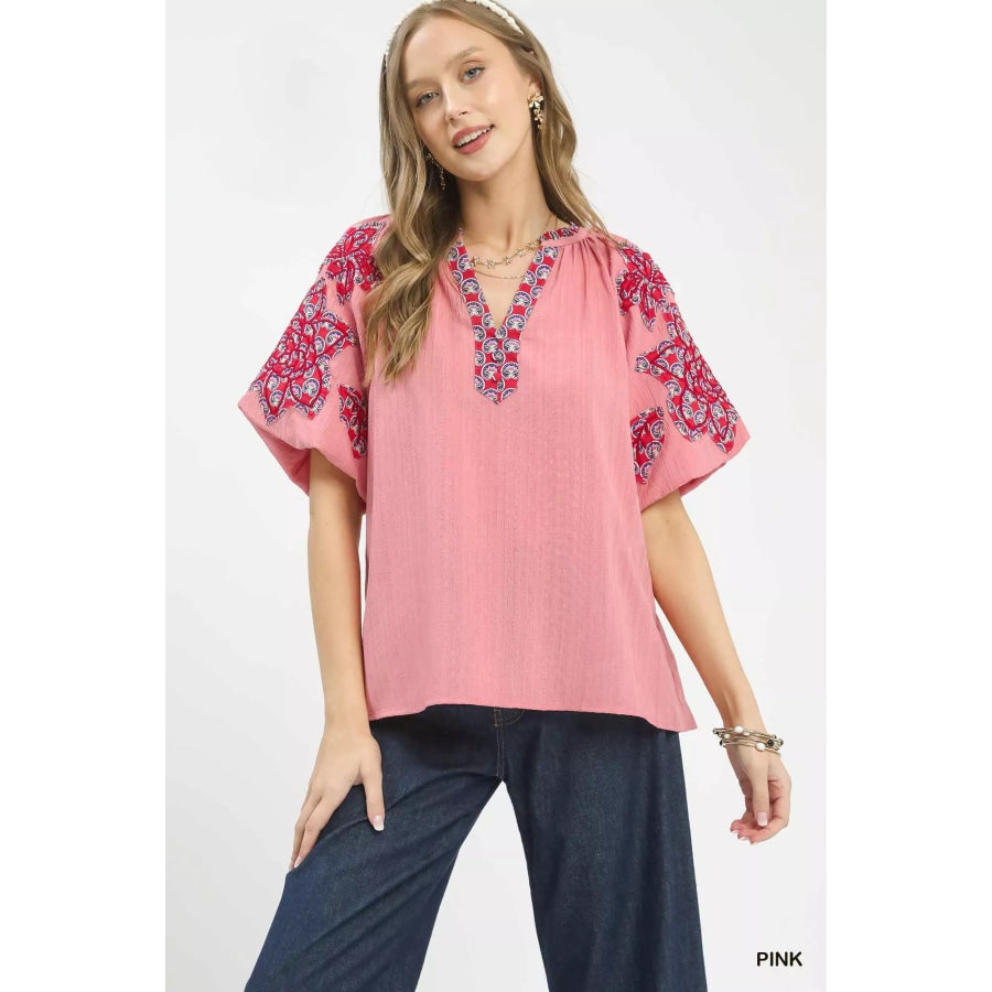 Umgee Embroidered Sleeve Contrast Trim Top PINK / S Apparel and Accessories