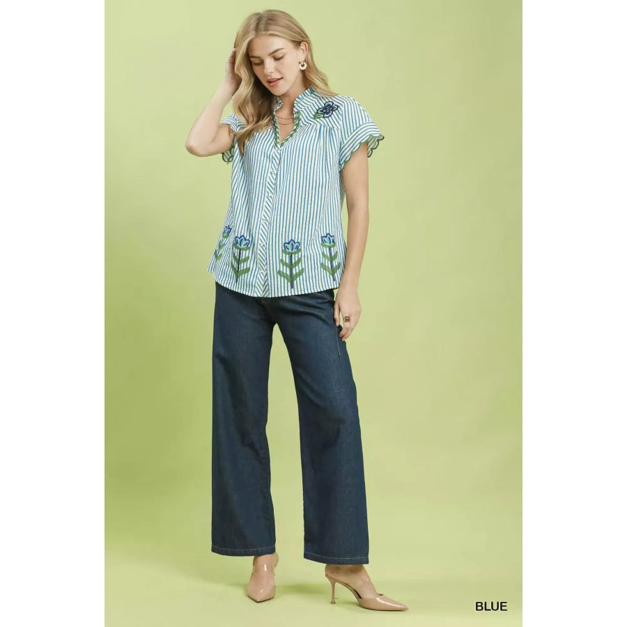 Umgee Embroidered Stripe Button Front Top Apparel and Accessories