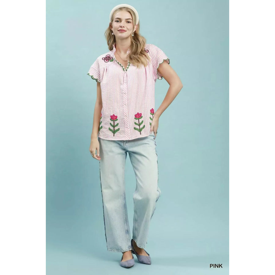 Umgee Embroidered Stripe Button Front Top Apparel and Accessories