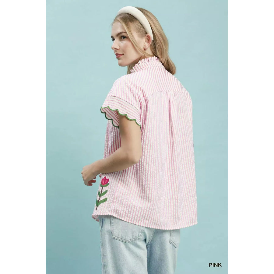 Umgee Embroidered Stripe Button Front Top Apparel and Accessories
