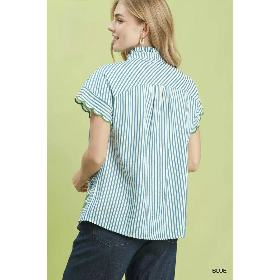 Umgee Embroidered Stripe Button Front Top Apparel and Accessories
