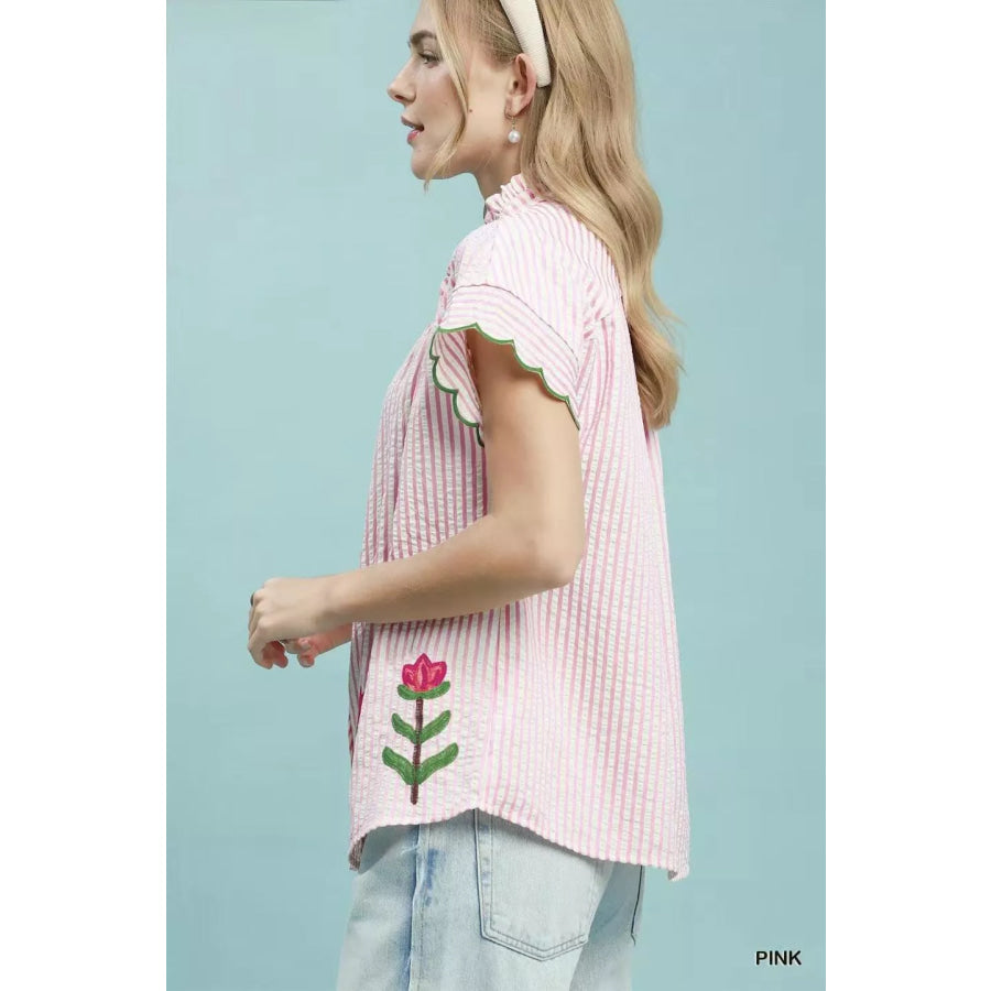 Umgee Embroidered Stripe Button Front Top Apparel and Accessories