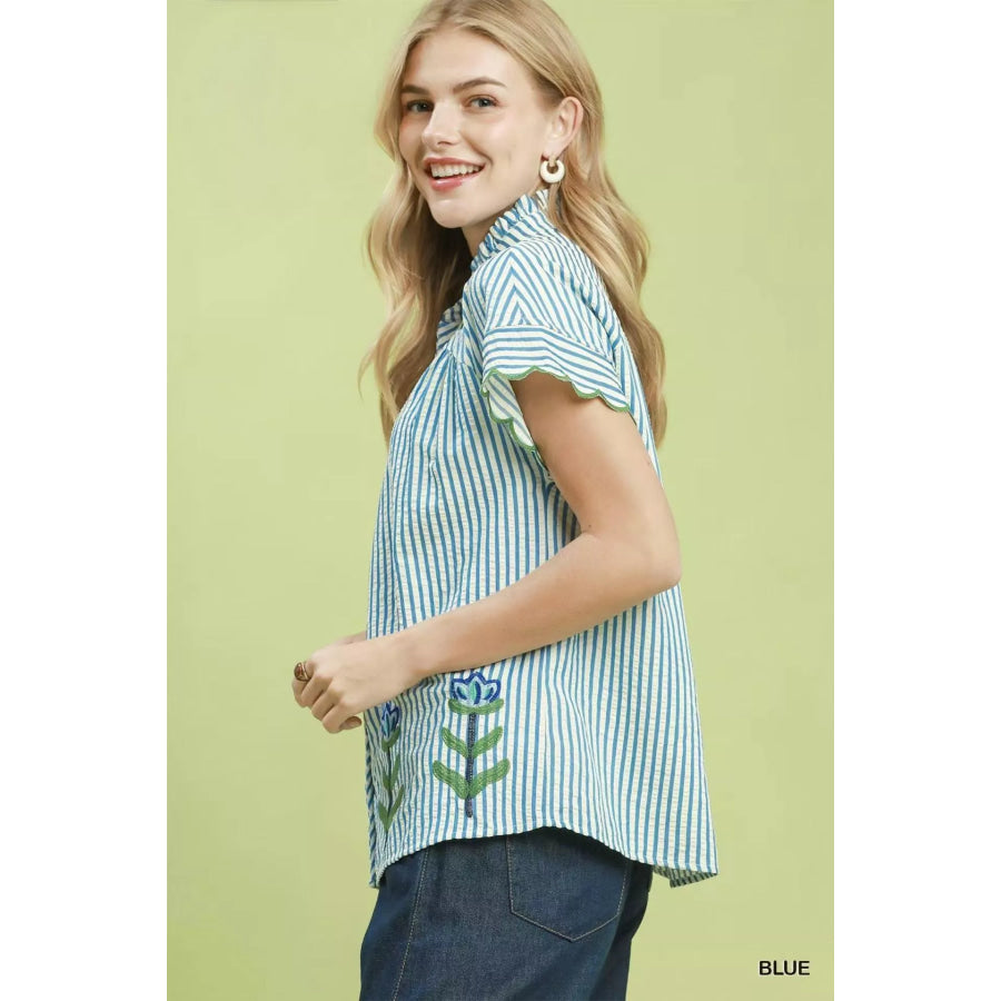 Umgee Embroidered Stripe Button Front Top BLUE / S Apparel and Accessories
