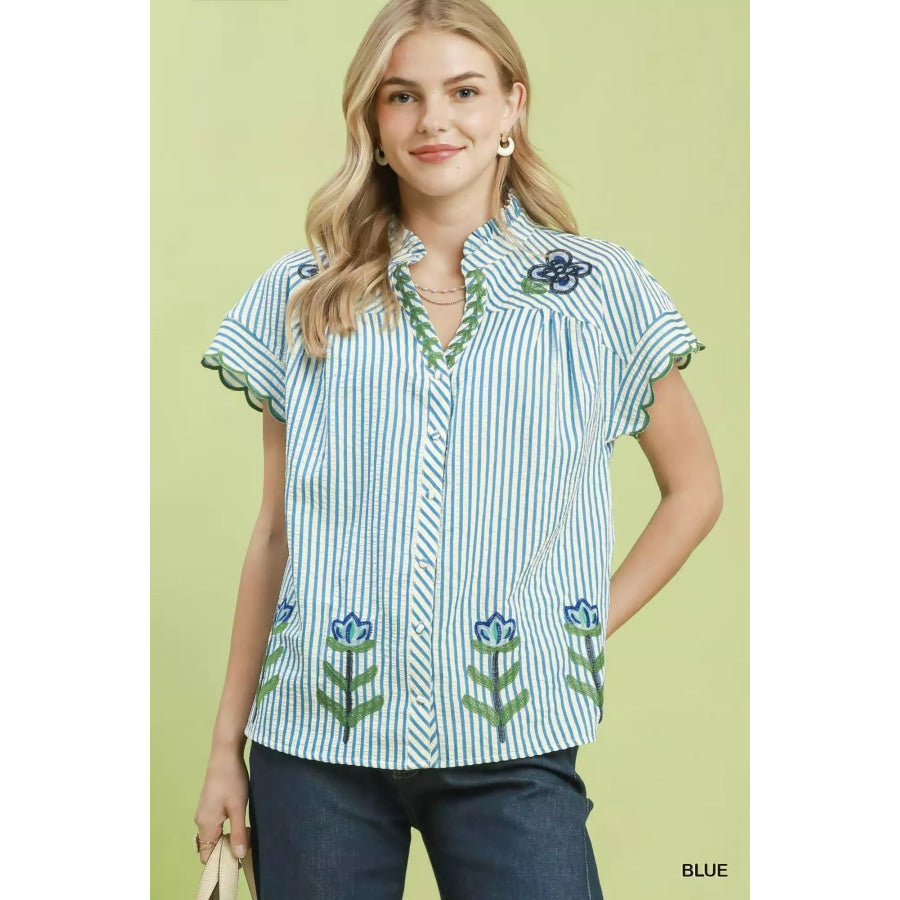 Umgee Embroidered Stripe Button Front Top BLUE / S Apparel and Accessories