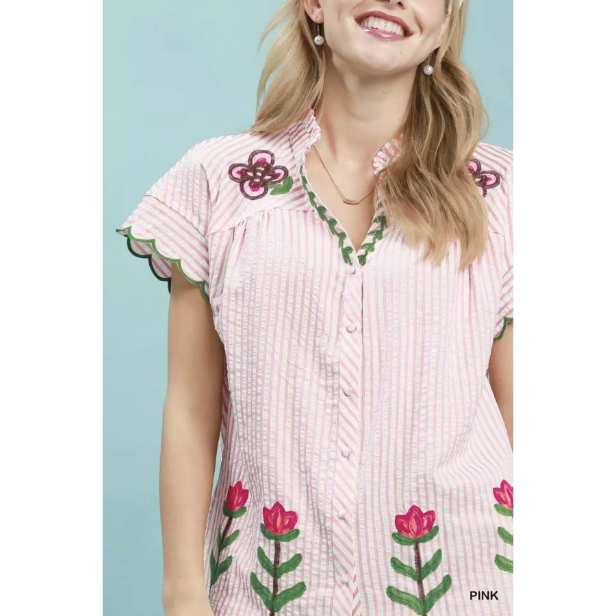 Umgee Embroidered Stripe Button Front Top PINK / S Apparel and Accessories
