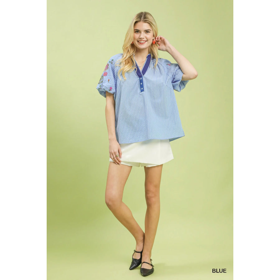 Umgee Embroidered Stripe Top Apparel and Accessories