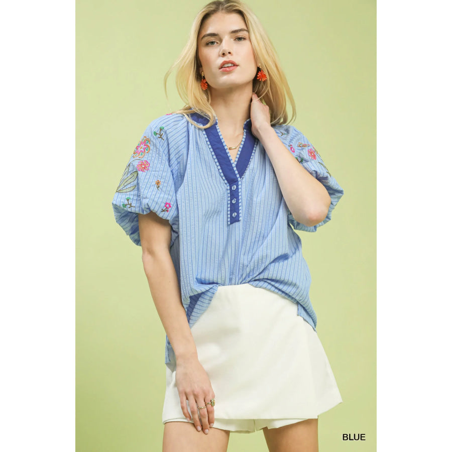Umgee Embroidered Stripe Top Apparel and Accessories