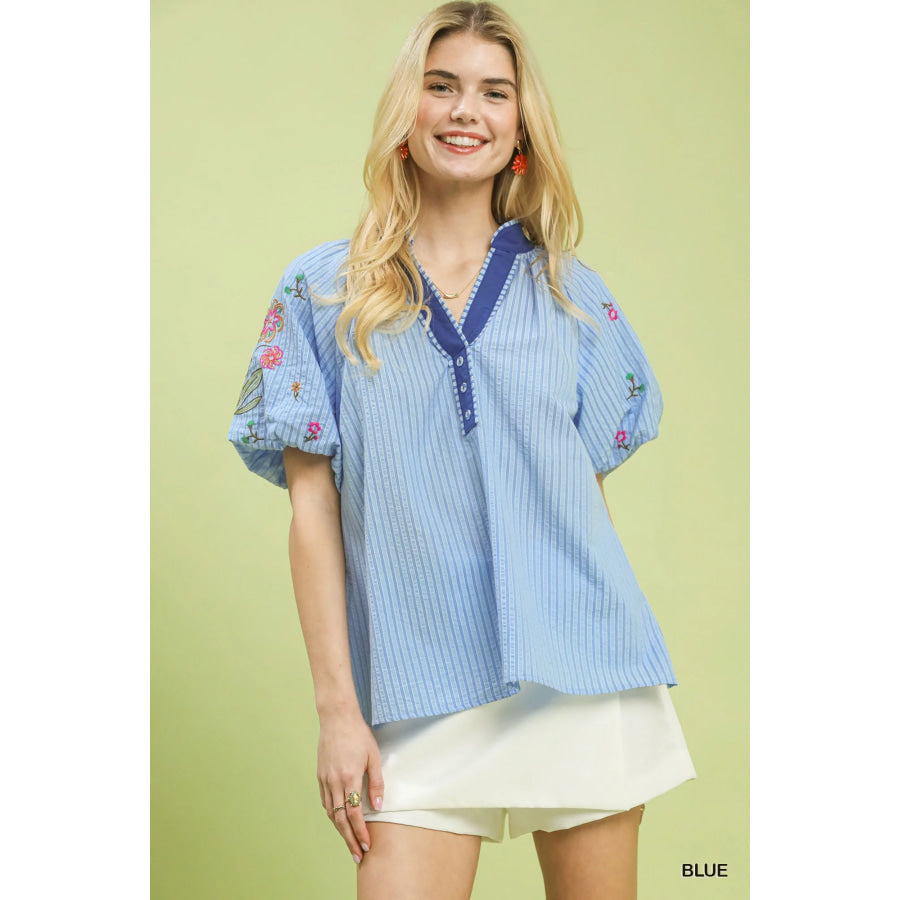 Umgee Embroidered Stripe Top BLUE / S Apparel and Accessories