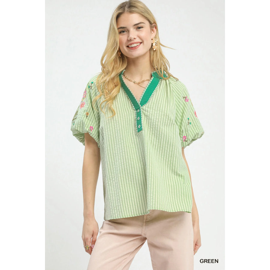 Umgee Embroidered Stripe Top GREEN / S Apparel and Accessories