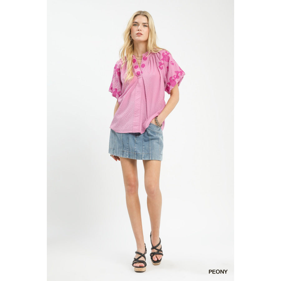 Umgee Embroidered Textured Flutter Sleeve Top Apparel and Accessories
