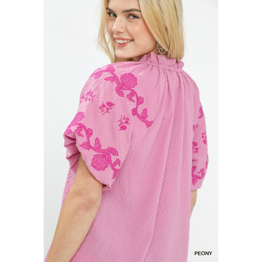 Umgee Embroidered Textured Flutter Sleeve Top Apparel and Accessories
