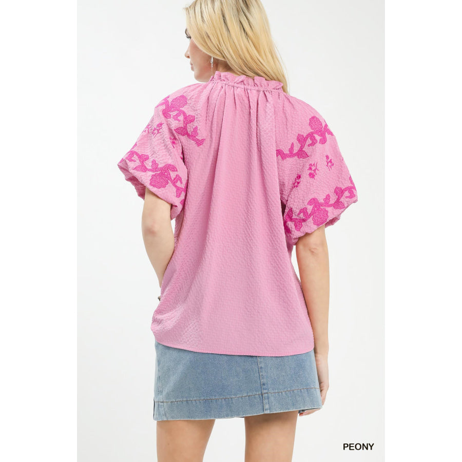 Umgee Embroidered Textured Flutter Sleeve Top Apparel and Accessories