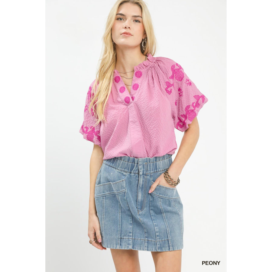 Umgee Embroidered Textured Flutter Sleeve Top PEONY / S Apparel and Accessories