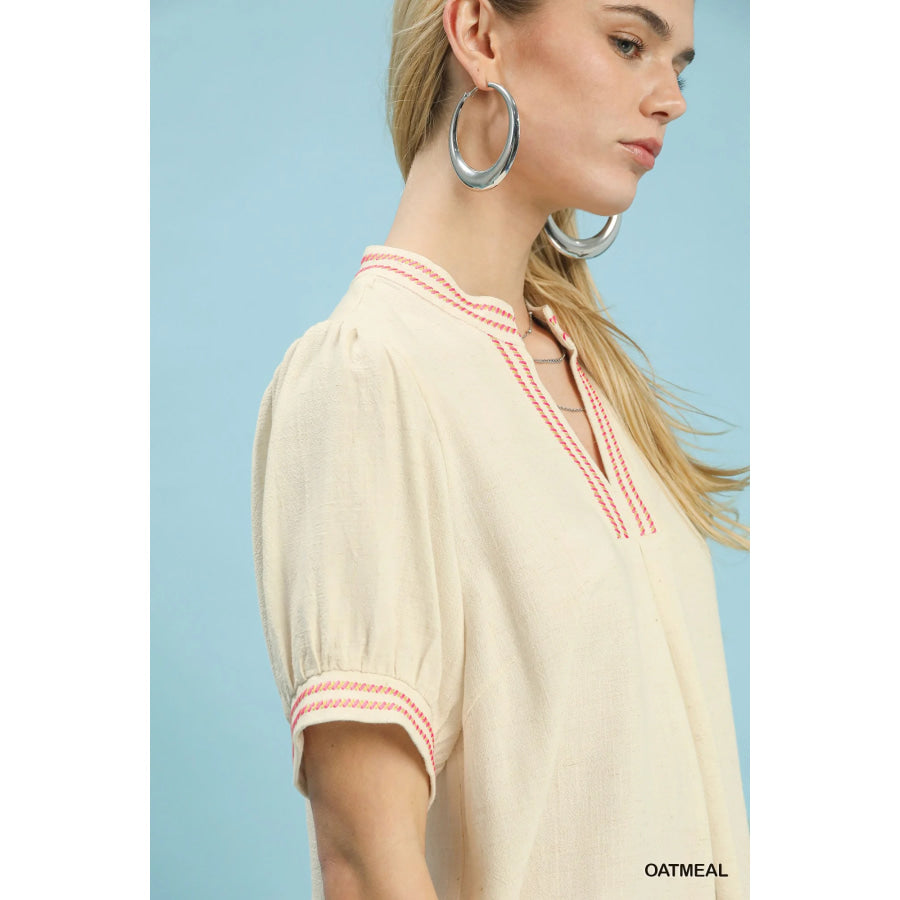 Umgee Embroidery Linen Puff Sleeve Blouse Apparel and Accessories