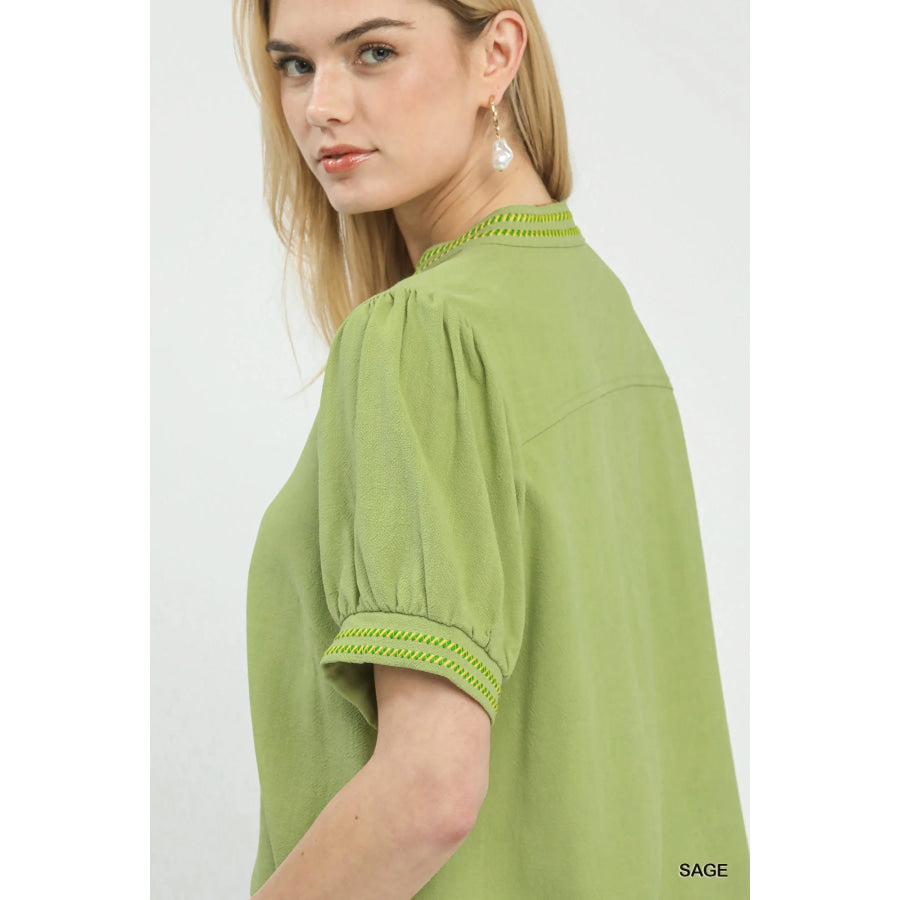 Umgee Embroidery Linen Puff Sleeve Blouse Apparel and Accessories