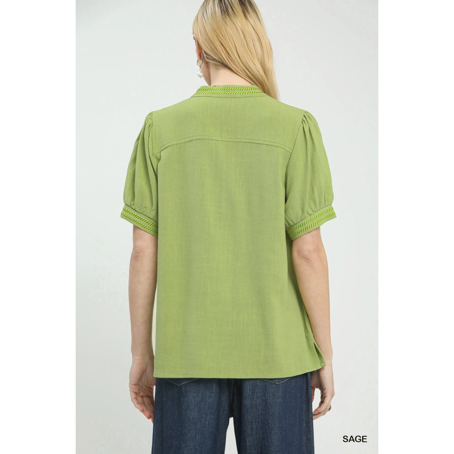 Umgee Embroidery Linen Puff Sleeve Blouse Apparel and Accessories