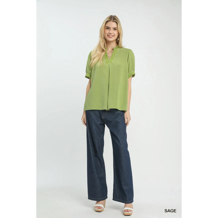 Umgee Embroidery Linen Puff Sleeve Blouse Apparel and Accessories