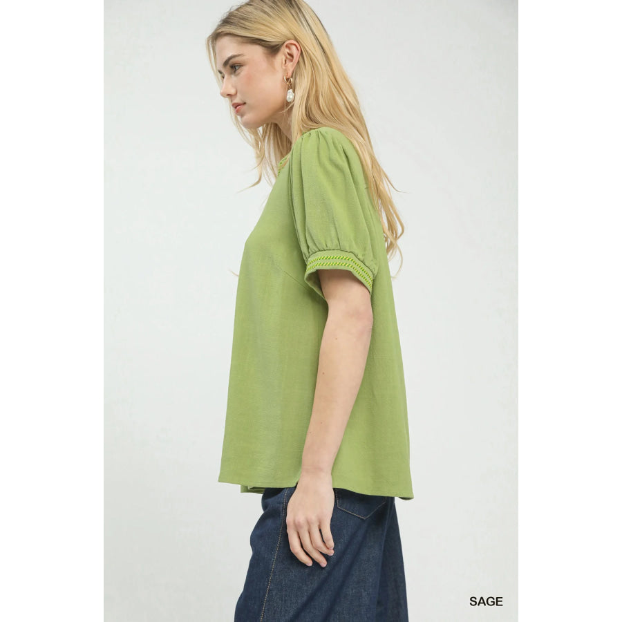 Umgee Embroidery Linen Puff Sleeve Blouse SAGE / S Apparel and Accessories