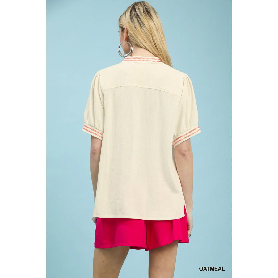 Umgee Embroidery Linen Puff Sleeve Blouse Apparel and Accessories