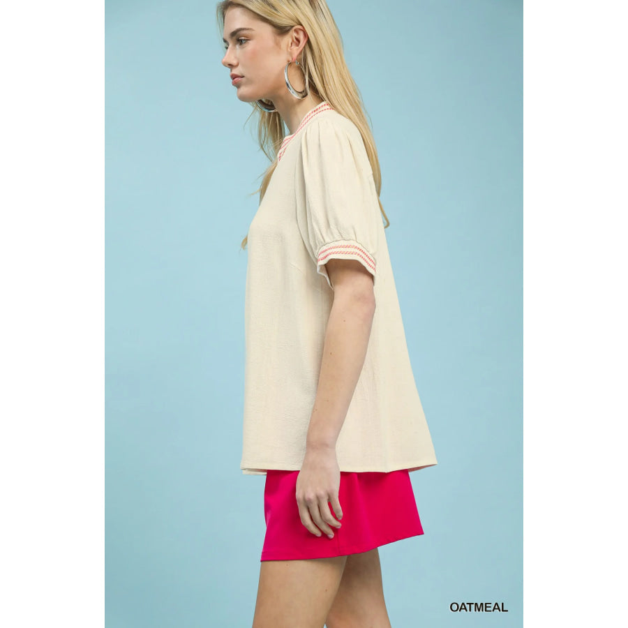 Umgee Embroidery Linen Puff Sleeve Blouse OATMEAL / S Apparel and Accessories