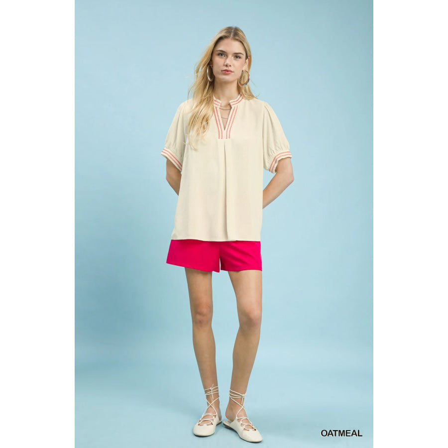 Umgee Embroidery Linen Puff Sleeve Blouse Apparel and Accessories