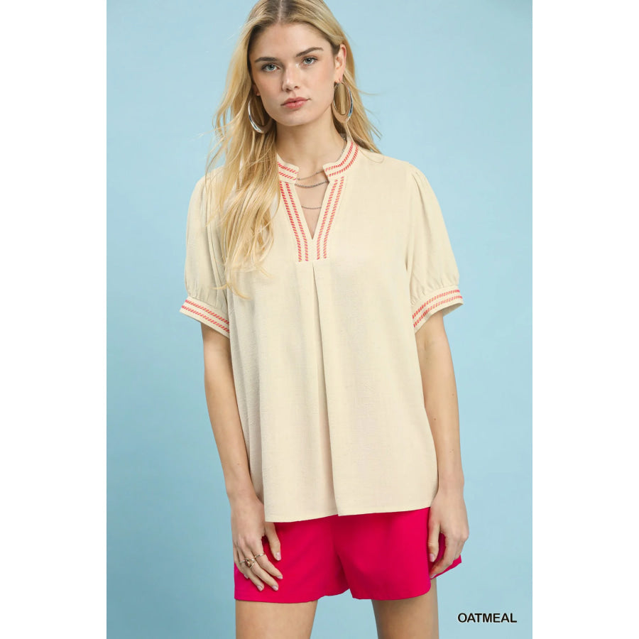 Umgee Embroidery Linen Puff Sleeve Blouse OATMEAL / S Apparel and Accessories