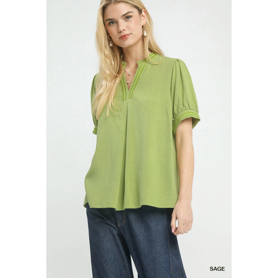 Umgee Embroidery Linen Puff Sleeve Blouse SAGE / S Apparel and Accessories
