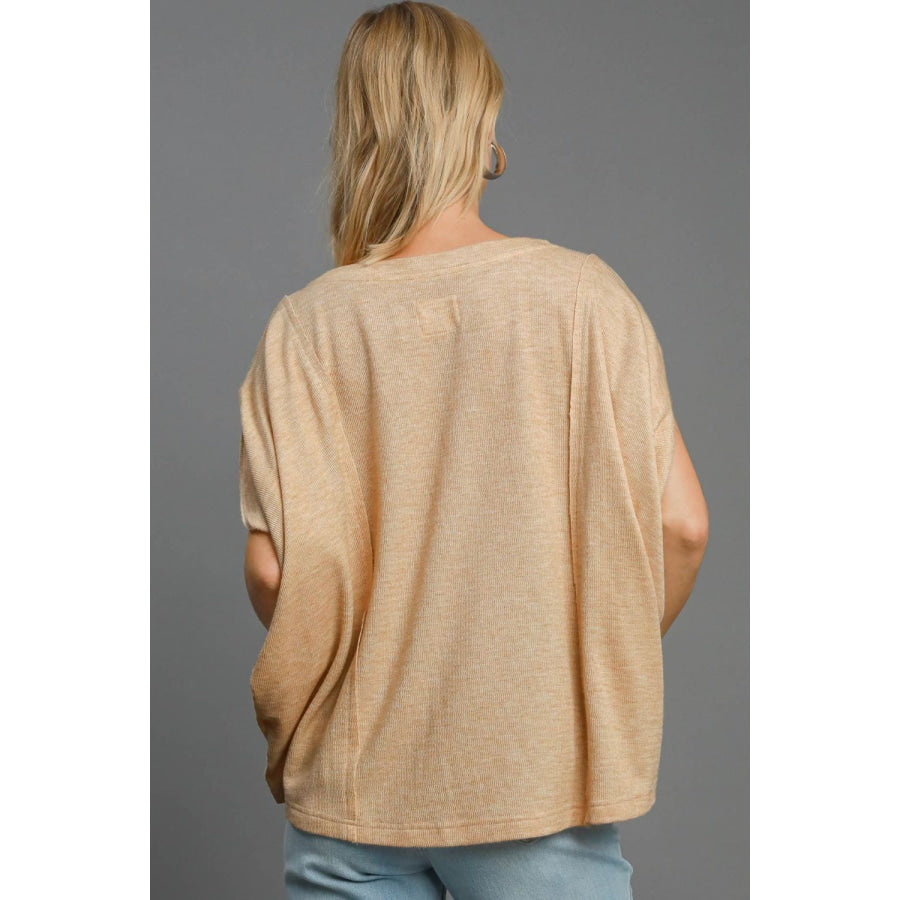 Umgee Exposed Seam Round Neck Batwing Sleeve Knit Top Tan / S Apparel and Accessories