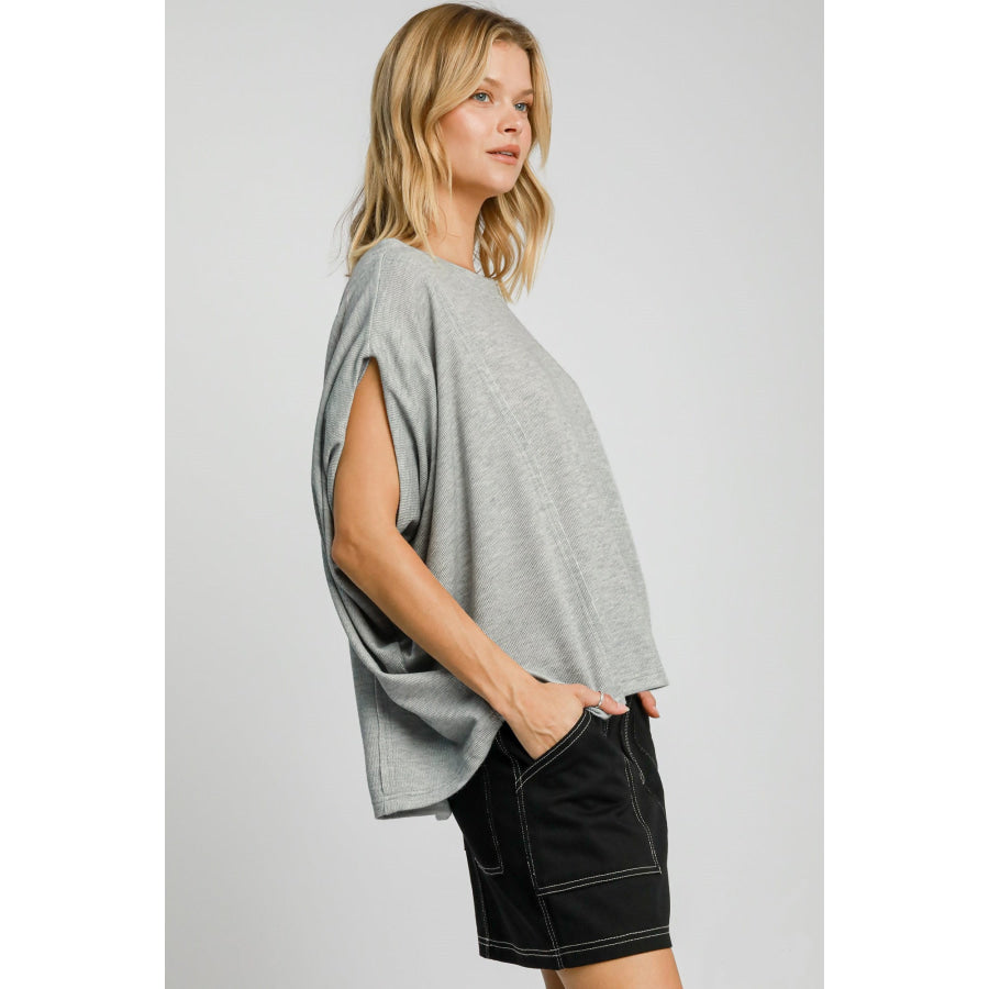 Umgee Exposed Seam Round Neck Batwing Sleeve Knit Top Apparel and Accessories