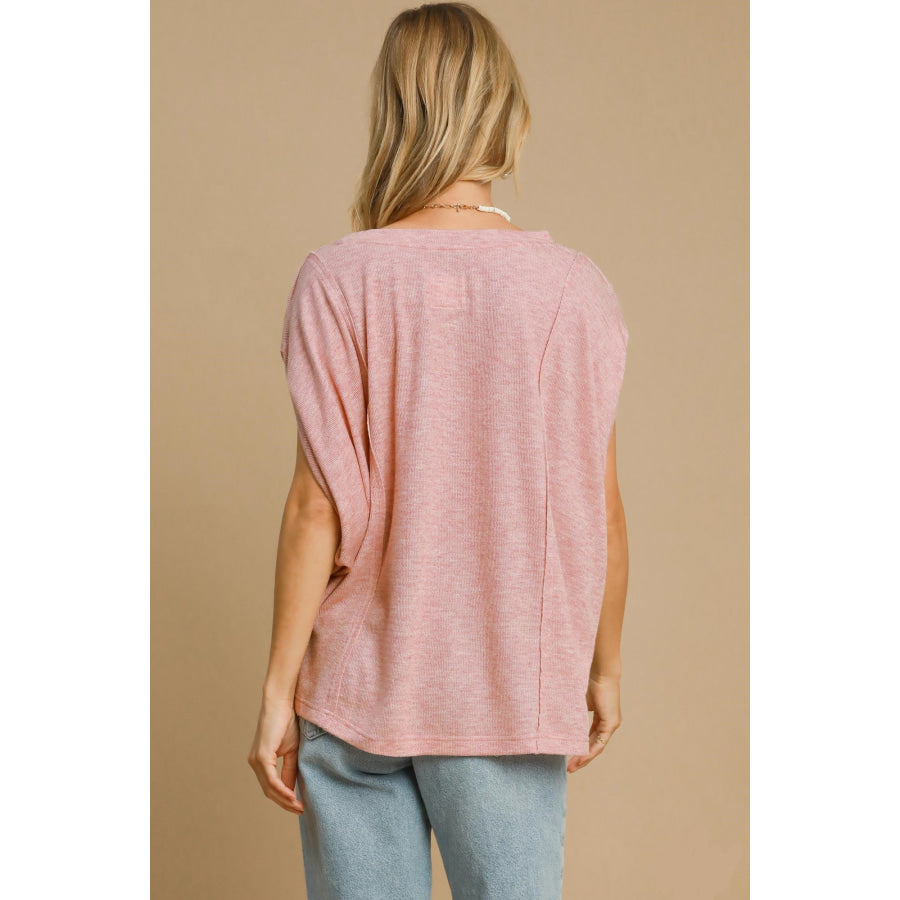 Umgee Exposed Seam Round Neck Batwing Sleeve Knit Top Apparel and Accessories