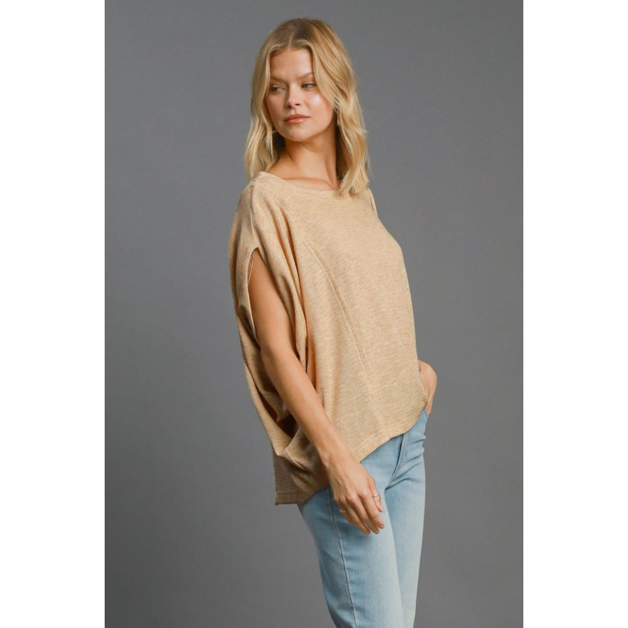 Umgee Exposed Seam Round Neck Batwing Sleeve Knit Top Apparel and Accessories