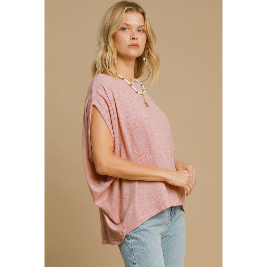 Umgee Exposed Seam Round Neck Batwing Sleeve Knit Top Apparel and Accessories