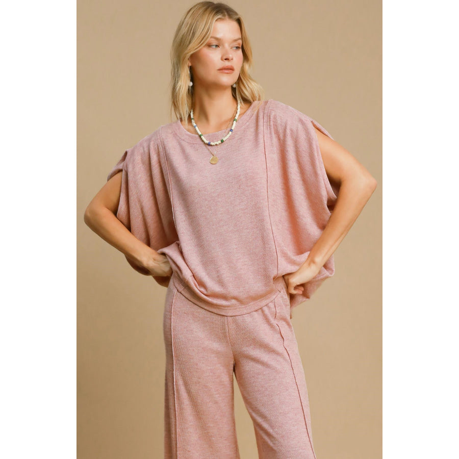 Umgee Exposed Seam Round Neck Batwing Sleeve Knit Top Dusty Pink / S Apparel and Accessories